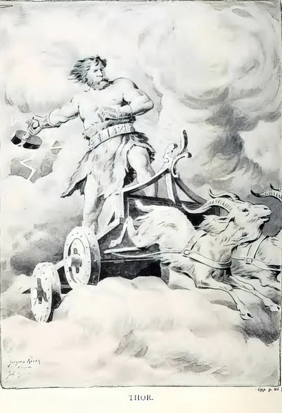 Иллюстрация Колесницы Тора Нарисованной Козами Небе Книга Скандинавской Мифологии Xix — стоковое фото