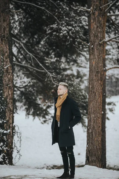 눈덮인 숲에서 스카프를 남성의 — 스톡 사진