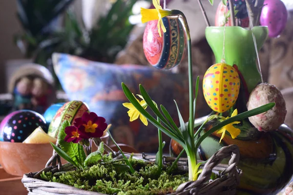 Primer Plano Una Canasta Con Flores Narcisas Huevos Pascua — Foto de Stock