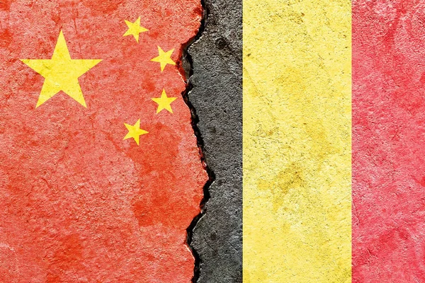 Flags China Belgium Cracked Wall International Political Relations Conflict — Stock Photo, Image