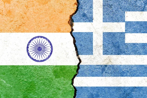 Прапори Індії Греції Зламаній Стіні Міжнародні Політичні Відносини Або Конфлікт — стокове фото
