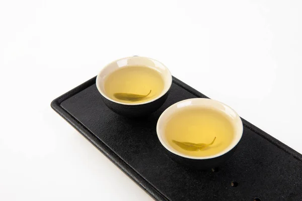 Isolated Shot Bowls Tea Black Tray Isolated White Background — Stock Photo, Image