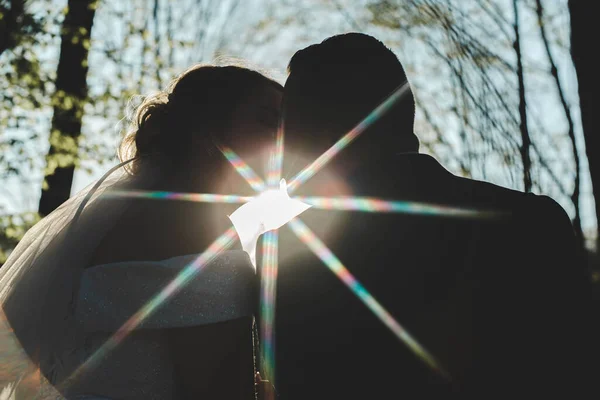 Een Prachtig Romantisch Bruidspaar Genietend Van Zonsopgang — Stockfoto