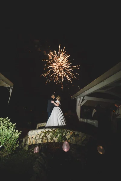 婚礼结束时 一对可爱的新婚夫妇欣赏着灿烂的焰火 — 图库照片