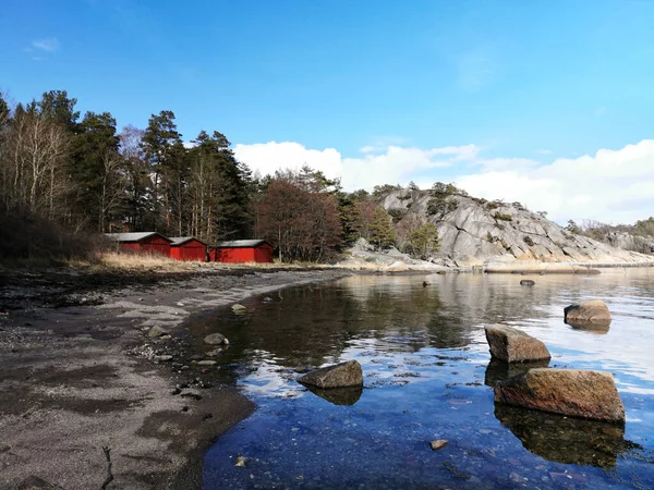 노르웨이 비카에 해변에서 나무와 오두막집이 만나는 — 스톡 사진