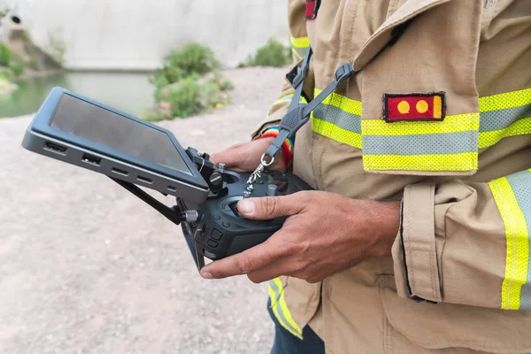 Male Firefighter Operating Drone Search Rescue — Stock Photo, Image
