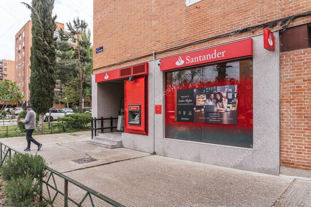 MADRID, SPAIN - Apr 14, 2021: Santander Bank in Madrid, Spain. Banco Santander Group is the 16th largest banking group in the world