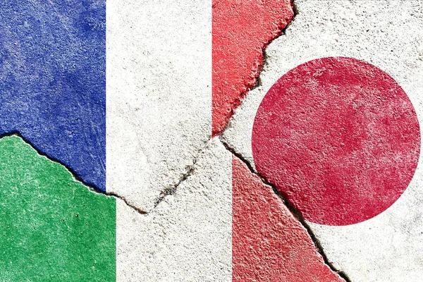 Political Conflict Concept France Italy Japan Flags Cracked Wall Background — Stock Photo, Image