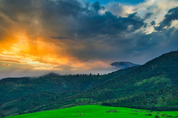 Bosque Montañoso Bajo Cielo Del Atardecer —  Fotos de Stock