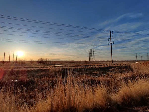 Autumn Field Wild Dry Grass High Voltage Lines Blue Sky — Stock Photo, Image