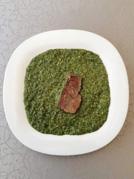 Top View Green Basil Pesto Served White Bowl Small Piece — Stock Photo, Image