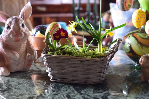 Närbild Bild Korg Med Narcissus Blommor Och Påskägg — Stockfoto