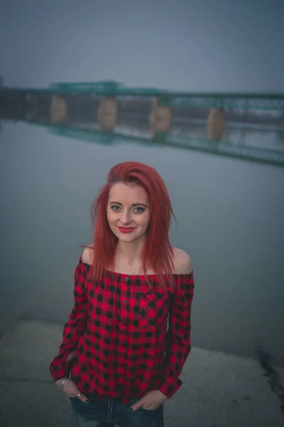 Vertical Shot Red Haired Young Female Front Blurry City River — Stock Photo, Image