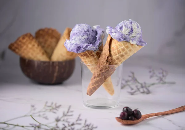 Closeup Shot Two Violet Ice Cream Cones Glass Wooden Spoon — Stock Photo, Image
