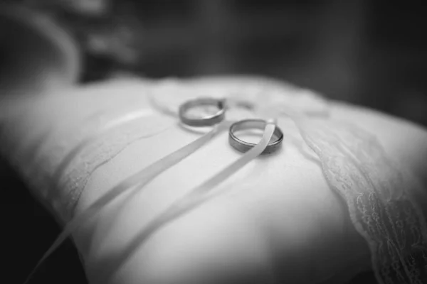 Tiro Tons Cinza Anéis Casamento Uma Almofada — Fotografia de Stock
