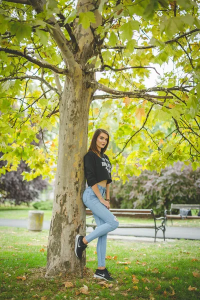 Una Giovane Femmina Caucasica Bruna Posa Vicino Albero Con Foglie — Foto Stock