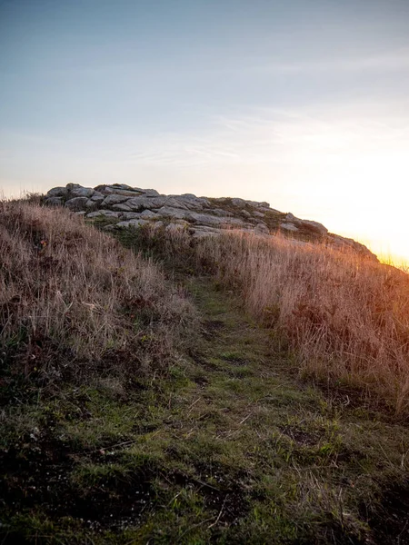 Tiro Verticale Una Collina Erbosa Tramonto — Foto Stock