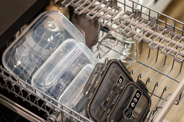 Closeup Plastic Containers Dishwasher Kitchen Indoors — Stock Photo, Image
