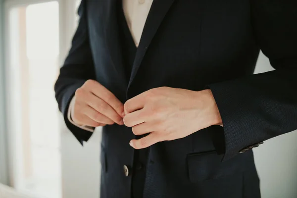 Closeup Groom Buttoning His Suit Getting Ready His Wedding — Stock Photo, Image