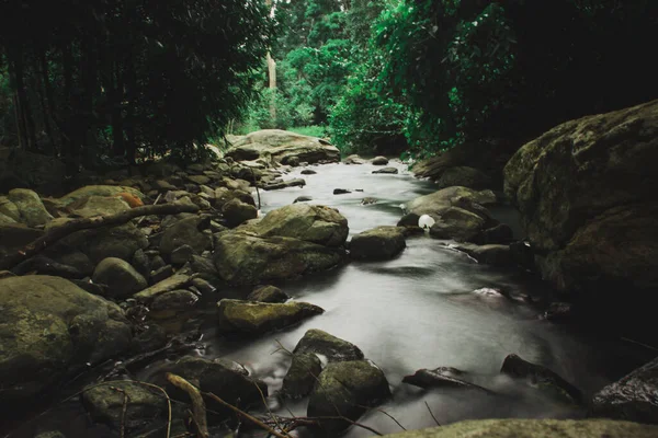 Река Протекающая Через Скалы Зеленом Лиственном Лесу — стоковое фото