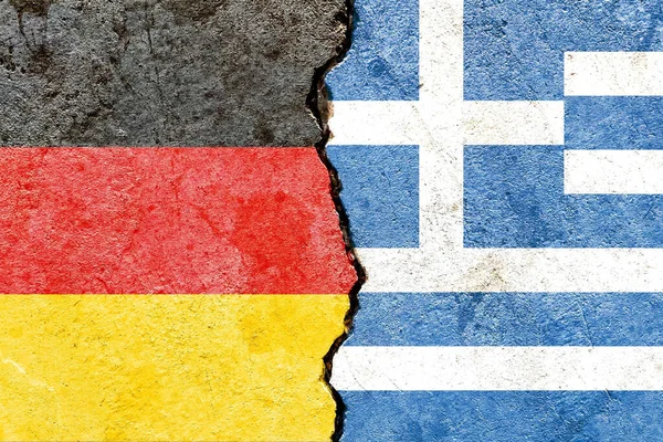 Flags Germany Greece Cracked Wall International Political Relations Conflict — Stock Photo, Image