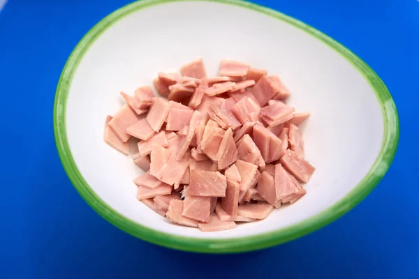 Tiro Ângulo Alto Fatias Quadradas Finas Bacon Canadense Uma Tigela — Fotografia de Stock