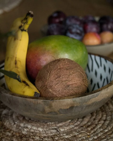 Closeup Shot Bananas Coconut Mango Bowl — Stock Photo, Image