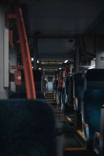 Interior Public City Bus Free Seats Passengers Digital Screen Text — Stock Photo, Image