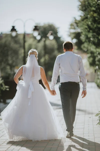 Une Belle Vue Sur Mariée Marié Marchant Dans Parc Tout — Photo