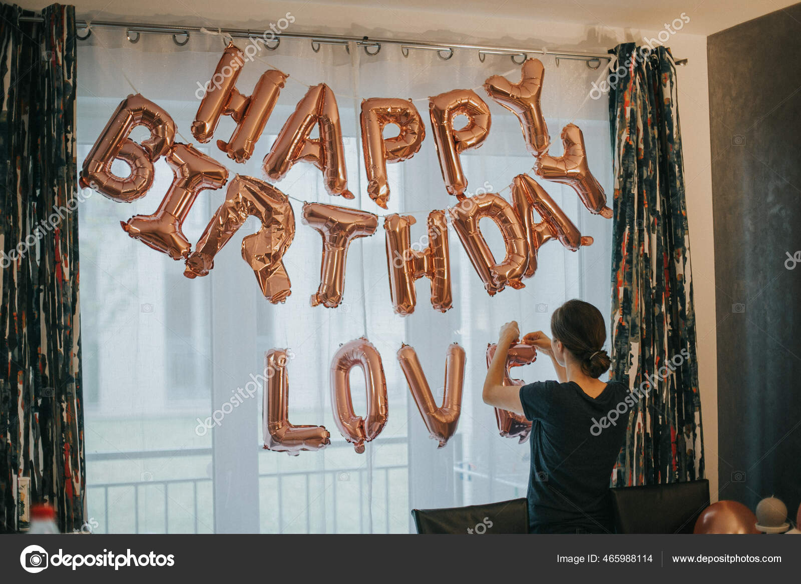 Adult Woman Decorating Room Happy Birthday Love Balloons Lights ...