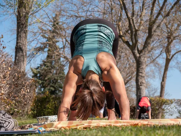 Una Morena Española Practicando Yoga Parque Día Soleado —  Fotos de Stock