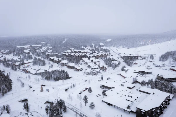 Vista Aérea Ciudad Esquí Levi Ventisca Invernal Laponia — Foto de Stock