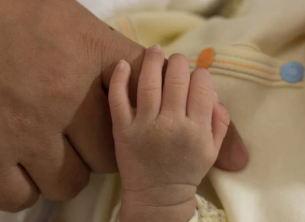 Primer Plano Bebé Recién Nacido Sosteniendo Dedo Una Persona Adulta — Foto de Stock