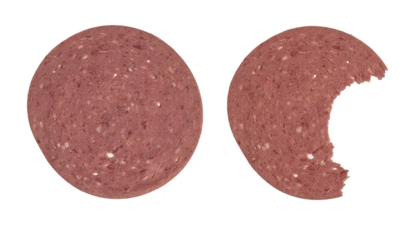 Een Close Van Twee Salami Plakjes Met Een Van Hen — Stockfoto