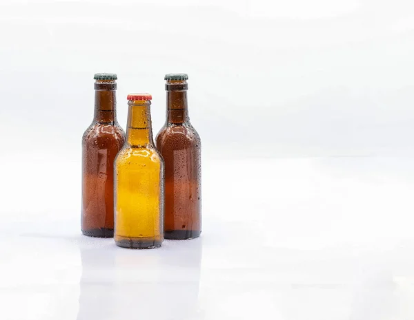 Eine Nahaufnahme Von Drei Flaschen Kaltem Bier Auf Weißem Hintergrund — Stockfoto