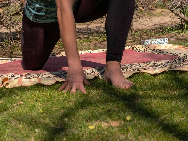Female Practicing Yoga Park Sunny Day — стоковое фото