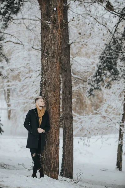 Ένας Όμορφος Νεαρός Μαύρα Χειμωνιάτικα Ρούχα Ένα Καφέ Μαντήλι Ακουμπισμένο — Φωτογραφία Αρχείου
