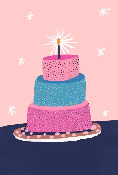 Kolorowy Tort Urodzinowy Niebiesko Różowym Tle — Zdjęcie stockowe