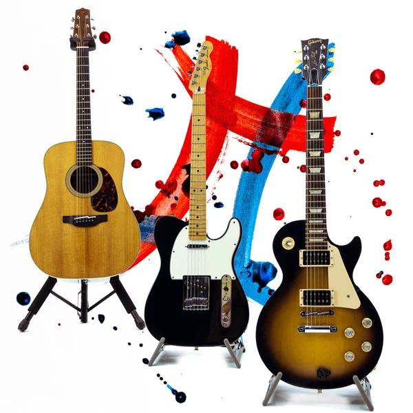 Conjunto Guitarras Fundo Artístico Com Salpicos Tinta — Fotografia de Stock