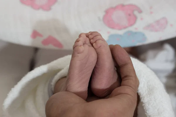 Primer Plano Una Persona Sosteniendo Los Pies Bebé Recién Nacido — Foto de Stock