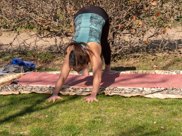 Una Morena Española Practicando Yoga Parque Día Soleado —  Fotos de Stock