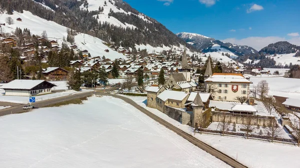 Una Bella Vista Aerea Del Villaggio Innevato Rougemont Svizzera — Foto Stock