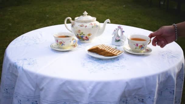 Masada Çiçekler Olan Çay Fincanı — Stok video