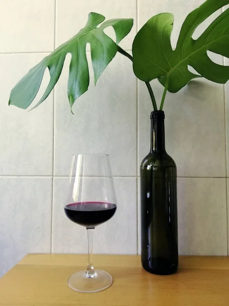 Primo Piano Bicchiere Vino Una Bottiglia Con Foglie Tropicali — Foto Stock