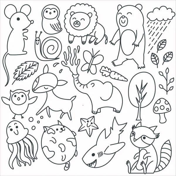 Una Ilustración Iconos Plantas Animales Doodle Style Background — Foto de Stock
