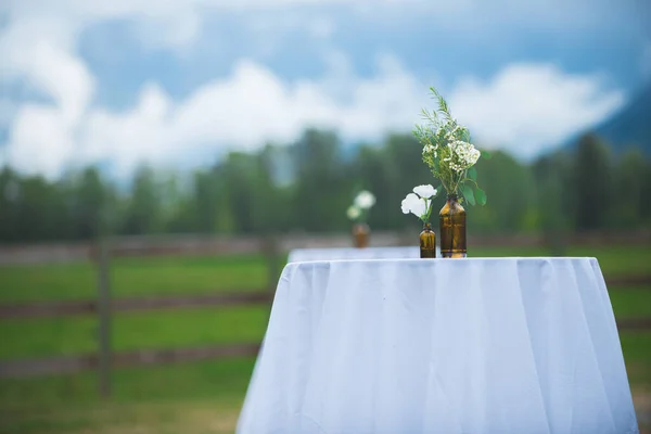 Närbild Bild Vita Blommor Med Glasflaska Vaser Suddig Landskap Bakgrund — Stockfoto