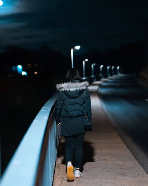 Uma Visão Traseira Vertical Uma Fêmea Caminhando Através Uma Ponte — Fotografia de Stock