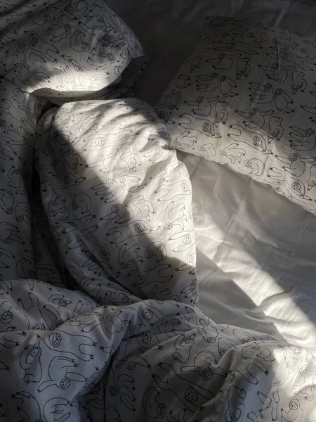 Close Uma Cama Aconchegante Com Edredão Travesseiro Luz Sol — Fotografia de Stock