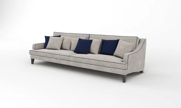 Representación Moderno Sofá Gris Con Almohadas Azules Sobre Patas Madera —  Fotos de Stock