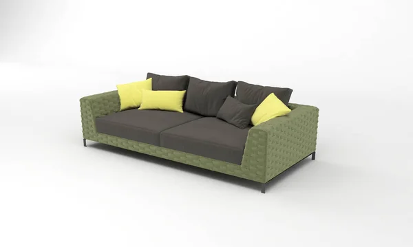 現代的な2人用グレーとグリーンのソファの3Dレンダリングで 白い背景に枕が孤立しています — ストック写真